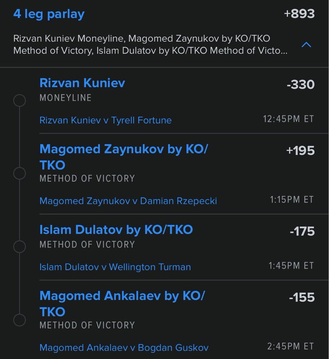 MBWHYTESBET's tweet photo. 🚨🥊 UFC 4-LEG PARLAY IS LOCKED! 🥊🚨

Ready for a knockout night? This ticket is built around power and dominant finishes. 💥

🎯 4-Leg Parlay (+893)

👊 Rizvan Kuniev — Moneyline
💥 Magomed Zaynukov — By KO/TKO
💥 Islam Dulatov — By KO/TKO
💥 Magomed Ankalaev — By KO/TKO

🔥 Four picks. One mission: CASH THE TICKET.

Who’s riding with this UFC parlay? Drop a 🥊 if you’re in!

🔗 Link in my bio!

#UFC #UFCFightNight #MMA #UFCBetting #SportsBetting #BettingTwitter #MMATwitter #FightPicks #Parlay #SportsPicks #Knockout #KO #TKO #GamblingTwitter #FightNight #MMAFans #SportsBettor #WinningBets #LockOfTheDay #LetsCash