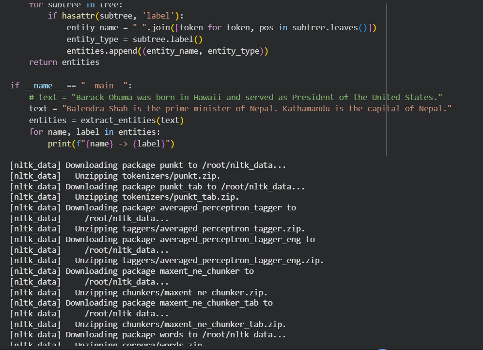 SadikshyaDkl's tweet photo. #LSPPDay55 
Today I explored advanced NLP concepts by learning the difference between Stemming and Lemmatization, performing Part-of-Speech Tagging, and implementing Named Entity Recognition using NLTK. 
@lftechnology
#60DaysOfLearning2026 #LearningWithLeapfrog https://t.co/m1WgbFUu42