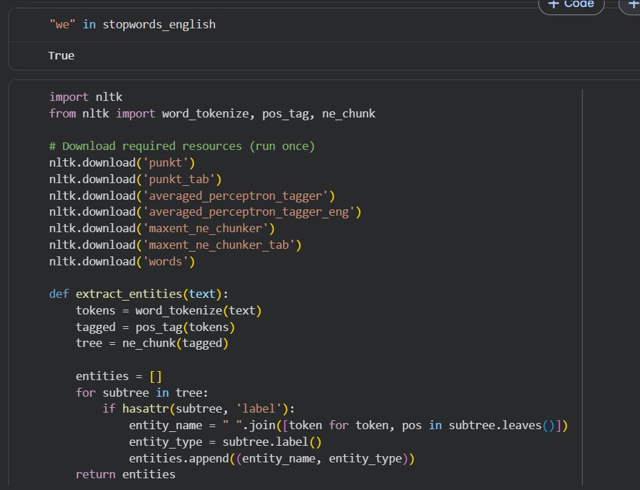 SadikshyaDkl's tweet photo. #LSPPDay55 
Today I explored advanced NLP concepts by learning the difference between Stemming and Lemmatization, performing Part-of-Speech Tagging, and implementing Named Entity Recognition using NLTK. 
@lftechnology
#60DaysOfLearning2026 #LearningWithLeapfrog https://t.co/m1WgbFUu42