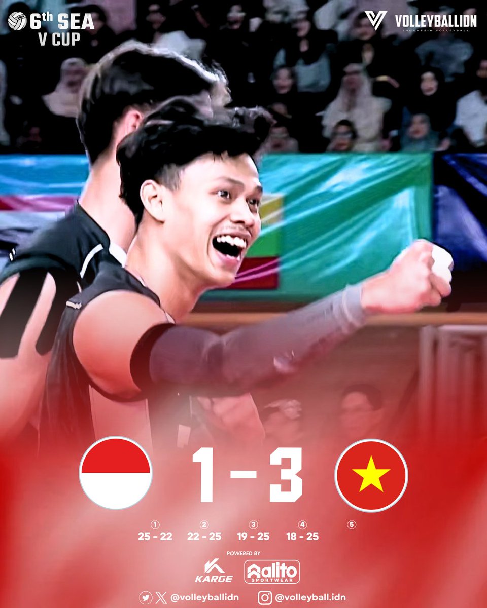 volleyballidn's tweet photo. Indonesia 🇮🇩 1 - 3 🇻🇳 Vietnam

25 - 22, 22 - 25, 19 - 25, 18 - 25

Kalah.
Indonesia sulit menembus tembok Vietnam dan harus puas berebut peringkat tiga besok sore.
Comeback stronger guys! 
#SEAVCup https://t.co/ZHaDzJhQ7Q