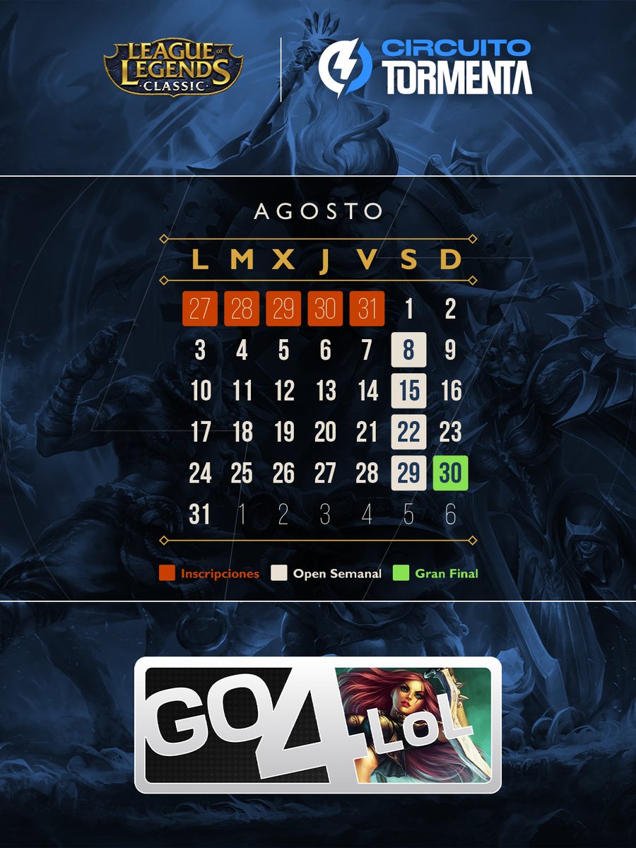 SomosLaTormenta's tweet photo. Apunta las fechas:
🟢Open Semanal 1: 8 de Agosto
🟢Open Semanal 2: 15 de Agosto
🟢Open Semanal 3: 22 de Agosto
🟢Open Semanal 4: 29 de Agosto
🏁GRAN FINAL GO4LOL: 30 de Agosto

🔗 https://t.co/uI409Pa9iV https://t.co/wnZdbo2IjQ
