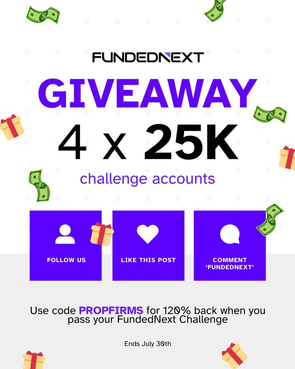 Malekfx1155's tweet photo. 🚨 GIVEAWAY ALERT 🚨
Worth 100k Fundednext Accounts 

1️⃣ Must follow 
@Malekfx1155
@Prop_Firms
@FundedNext
@ICT_KillerX

2️⃣ Like, Repost Tag 3 traders

3️⃣ Quoted Repost and Turn noti On 🔔 

4️⃣Sign up ➡️ https://t.co/W5v6YEWjU7

5️⃣ Drop proof in the comments 

📅 Ends: 30th of July at 8am (ET)
🏆 Winners chosen and contacted via DMs by @Prop_Firms 

CC @Prop_Firms