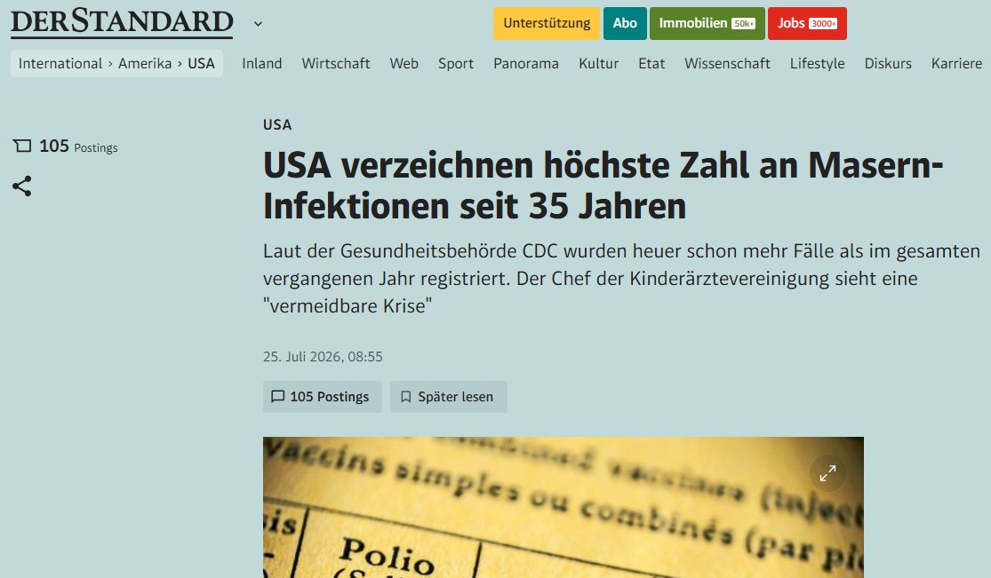 Walnusskipferl's tweet photo. .
Wenn man ein #Querdenker-Arschloch zum Minister macht ...
"USA verzeichnen höchste Zahl an #Masern-Infektionen seit 35 Jahren
Laut der Gesundheitsbehörde CDC wurden heuer schon mehr Fälle als im gesamten vergangenen Jahr registriert."
https://t.co/xcBrpDnEVa https://t.co/6lCQRD4A4j