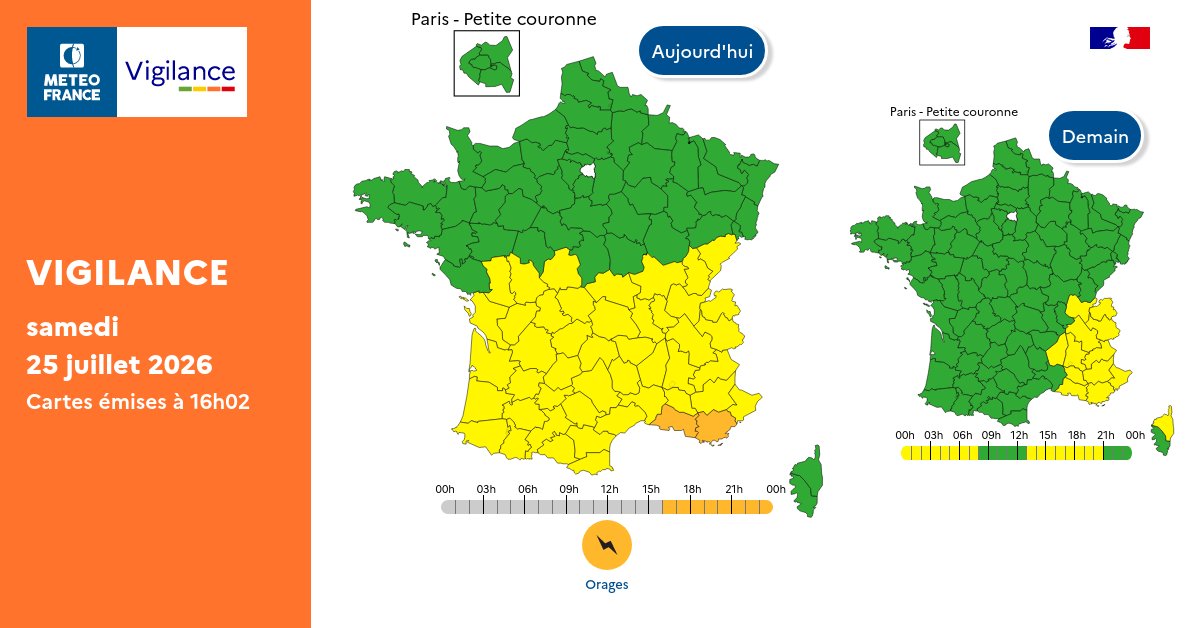 VigiMeteoFrance's tweet photo. Pour ce samedi 25 juillet 2026 :
🟠2 départements en vigilance orange ⛈️
Cette vigilance a été prolongée jusqu'à minuit.

Soyez prudents et restez informés sur :
▶️https://t.co/JGz4rTUvHP https://t.co/EA9D8pqKeP
