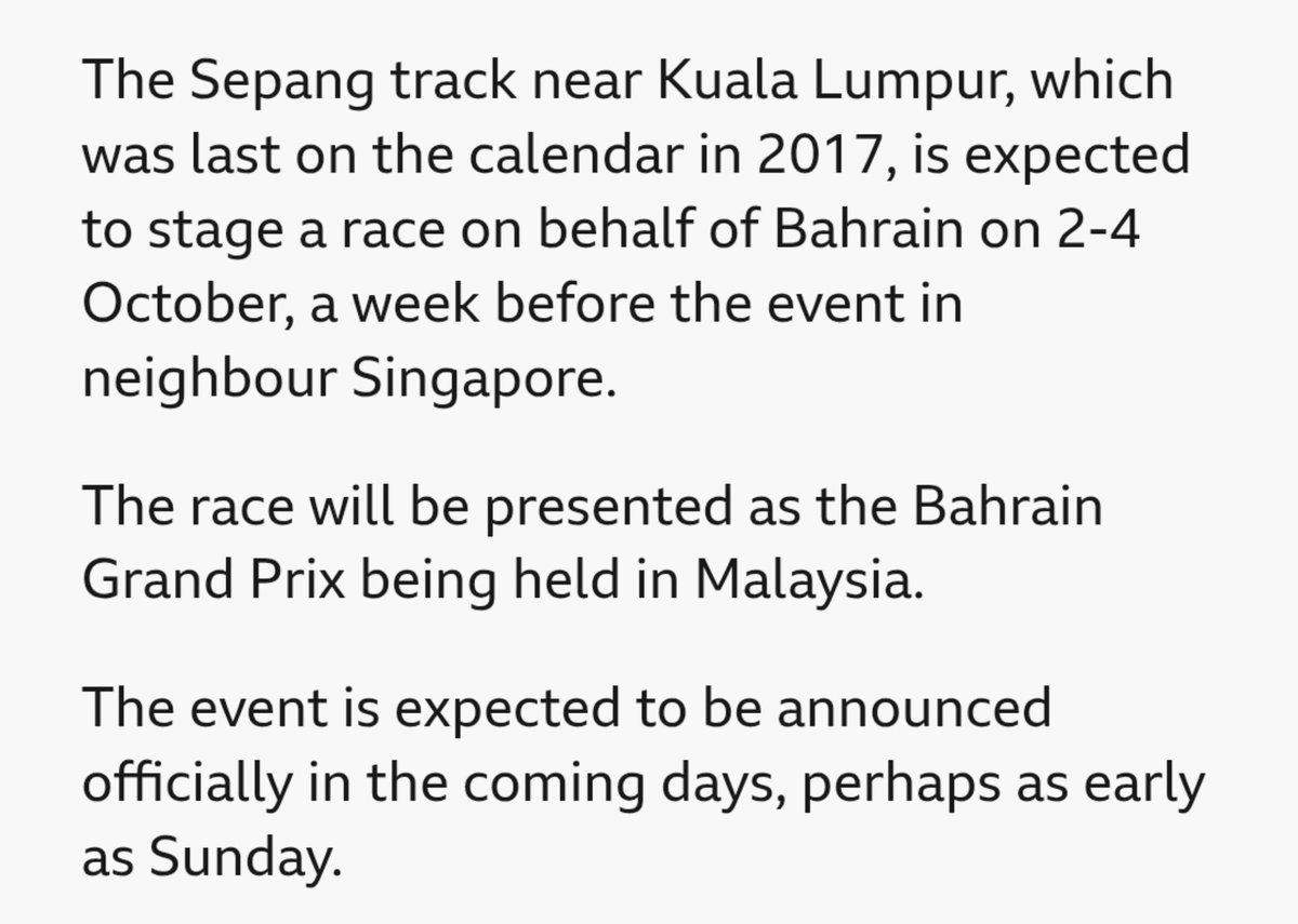 leclercsletters's tweet photo. the race in sepang will apparently be called bahrain gp?? 😭

apparently, the kingdom of bahrain will be paying for the race to be held there 

[bbc and @thomasmaheronf1] https://t.co/eLAAbUbSGi