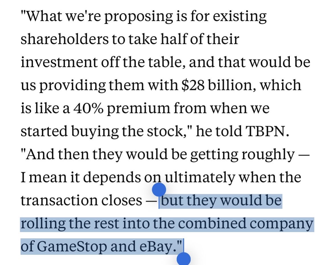 TheMagnifishit's tweet photo. The media spent months telling investors GameStop’s $EBAY offer would require more than 1 billion new $GME shares. That’s the math when you divide the stock consideration by GameStop’s depressed standalone share price today.

That isn’t the rollover equity structure Ryan Cohen described.

Cohen said eBay shareholders would take half of their investment off the table in cash, then roll the rest into the combined company. He used roughly 60% ownership for eBay shareholders & 40% for GameStop shareholders as his example, then explained why the dilution could still be accretive to both sides.

I rebuilt a banker-style rollover model I reviewed in May based on these public disclosures & the structure Cohen has communicated. The model values the combined company first, then solves for the exchange ratio & required share issuance.

Using the $125 $EBAY offer as 50% cash and 50% NewCo equity, the base case produces:

• 648M new shares issued
• 40.9% ownership for legacy $GME holders
• 59.1% ownership for outside $EBAY holders
• $38.64 implied value per legacy GME share
• ~$18.1B of new debt, within TD’s highly confident letter for up to $20B

That’s over 500M fewer shares than what’s widely assumed & lands almost exactly on the 60/40 ownership split Cohen described.

The model shows a coherent path where the offer is financeable, reasonably balanced between both shareholder groups & potentially accretive despite the dilution.

We still don’t know the undisclosed tender terms. Every major assumption is editable so anyone can challenge the valuation, financing, synergies, costs & ownership mechanics here:

https://t.co/yXE3Gzcf6v

If the tender offer resembles this structure, it will shock the market. It shows a strong & credible offer that makes $GME far more valuable than what’s being assumed by the media today.

I’d welcome a hard review from anyone with public-company M&A, investment-banking or corporate-valuation experience, particularly around the value bridge, Sources & Uses and exchange-ratio logic. @ProfPaulNary @Bob_Bruner