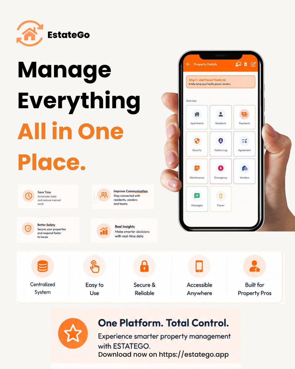 EstateGoNg's tweet photo. Manage Everything, All in One Place. 🏠✨
With EstateGo, you get a centralized system built for property professionals who demand efficiency. 
#EstateGo #PropertyManagementNigeria https://t.co/agdPgDjRZO