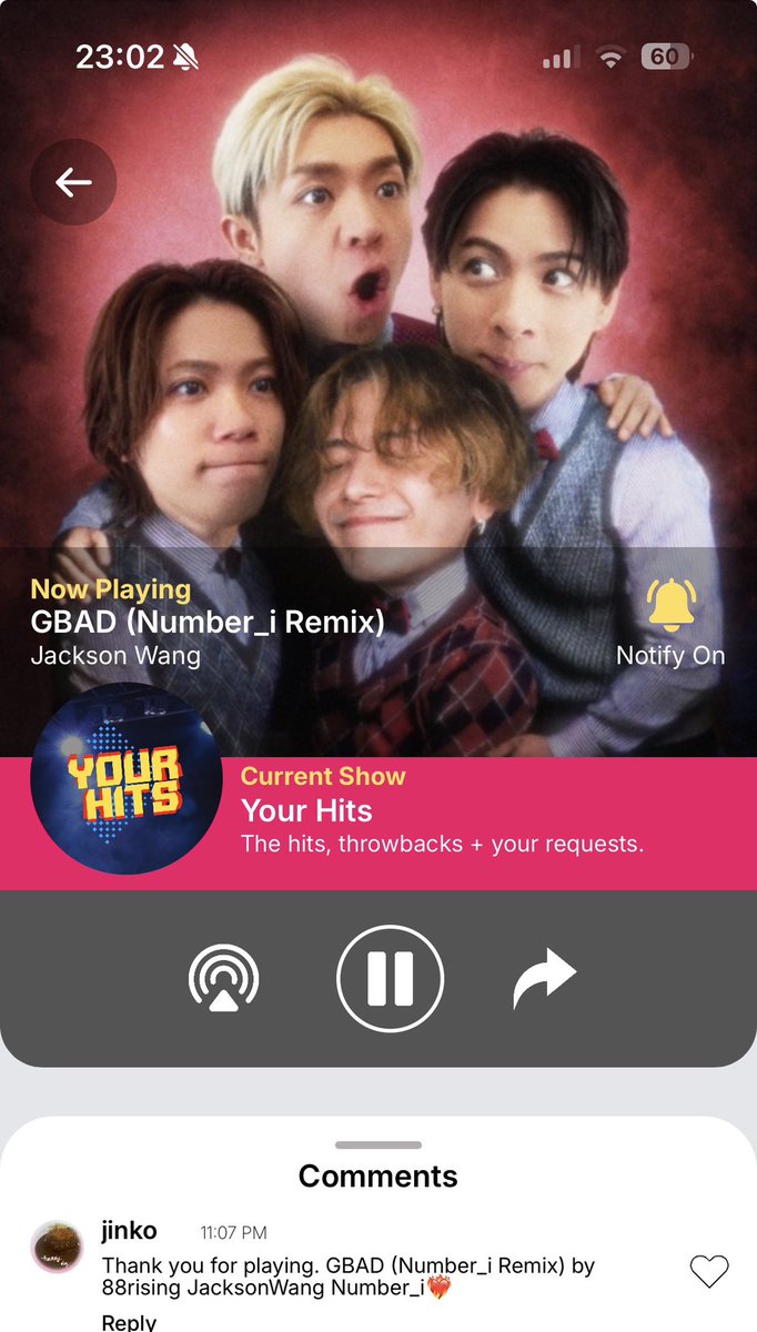 jinkokukare's tweet photo. @channelrradio Hello! @channelrradio
Thank you for playing.
#GBAD (Number_i Remix) by 88rising #JacksonWang #Number_i
I love this song very much ❤️🔥
#ChannelRFanQuest
@number_i_offic https://t.co/gtFE3YBKo4