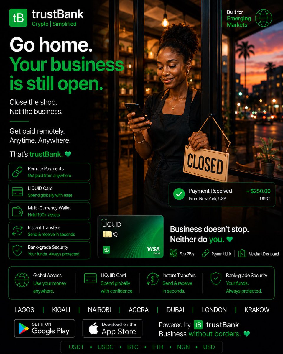 __theCEO's tweet photo. I believe businesses should make money even after closing for the day.

That’s why we built Payment Links into trustBank. @trustbanktech 

Close the deal.
Not the opportunity.

#Crypto #Fintech #SmallBusiness #Payments #Stablecoins https://t.co/wJjB6FKiHC