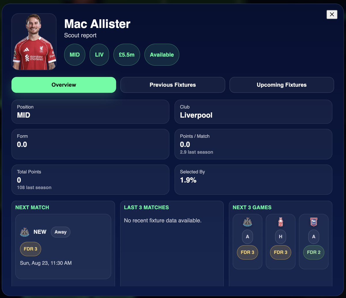 ffbgame's tweet photo. π¨ Mac Allister π¨
π Only 1.9% EO
π° Β£5.5M
β° High xMins
π€ Thoughts on Mac Allister as a differential?
#FFBGame #FPL #PremierLeague #Solana #SolanaGaming #SolanaSummer
https://t.co/ZzA0iUH6V5 https://t.co/cGTKHASF9r