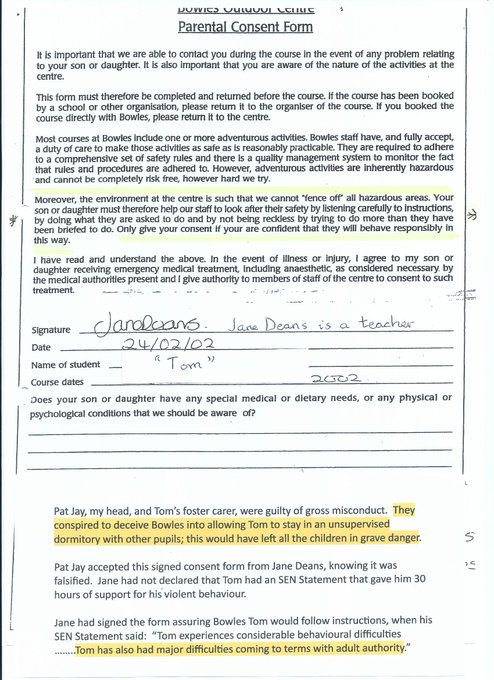 AnneJago's tweet photo. @tombennett71 @JoshMacAlister I was the leader of a residential visit to Bowles Outdoor Centre.  Tom, a pupil on my list for the visit, had 30 hours of support for his violence.  My head and Tom's foster carer didn't declare this on his consent form

I sent @JoshMacAlister a copy of the form to his home https://t.co/VvOdpPHk0k