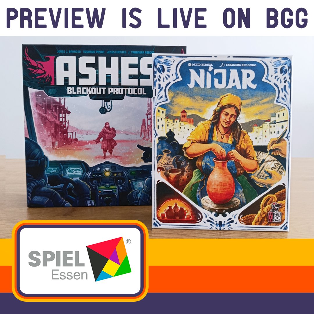 PerrolokoGames's tweet photo. #ASHES y #Nijar están en en la Preview de @SPIEL_Messe. Tras #Orloj, estos nuevos títulos estarán disponible en España a finales de Octubre. Como cada año, los presentaremos en Alemania donde esperamos que tengan una gran acogida, nos echais un 👍 

👇👇👇
https://t.co/lzSr1SNwPJ https://t.co/4AVgxaTsW9