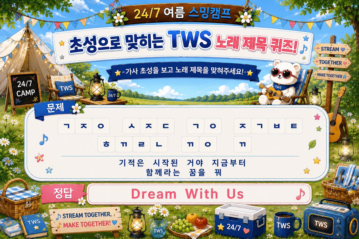 TWS_smingparty's tweet photo. 🏕️ 24/7 Summer Streaming Camp! 
2주차 세번째날!🎶

42여러분과 함께 맞춰나가는 게임! 
재미도 의미도 너무너무 커서 !
오늘 정말정말 행복했습니다!

마지막 문제 속 가사 처럼!

기적은 시작된거야 지금부터
함께라는 꿈을 꿔
Dream With Us!

42는 이미 함께하고 있으니!
기적은 우리와 함께 있어요 😆👍
멜론 밀리언스 달성한 것도 
기적처럼 꿈에 그렸었는데
이뤄졌잖아요!

42가 TWS와 함께하면 기적은 이뤄집니다!
우리 앞으로 더 많은 기적을 같이 만들어가요💙 

다음주 목, 금, 토 밤 10시✨️
24/7 여름 스밍캠프 3주차에서
함께해요! 모두들 시원히고 행복한 밤 보내세요!😄👋 

스밍은 24/7😎👍
#247여름스밍캠프 #스밍42의썸머비트
#TWS스밍파티팀