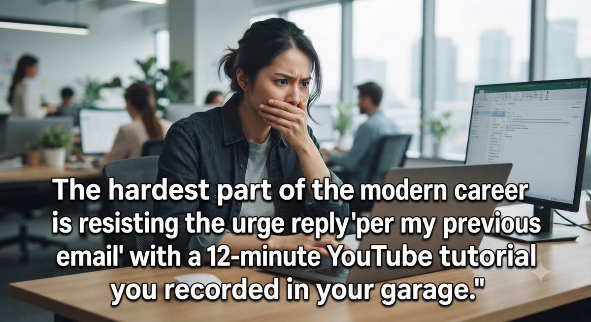 MartinAgbugui's tweet photo. The hardest part of the modern career is resisting the urge to reply "per my previous email" with a 12-minute YouTube tutorial you recorded in your garage. https://t.co/ffGscNWfdN