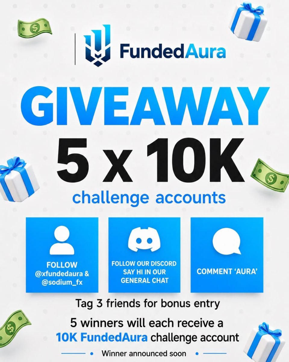 sodium_nq's tweet photo. GIVEAWAY ALERT! 💜🫶😮‍💨

5 traders will each win a FundedAura $10K Challenge Account! 

Want a chance to be one of the winners?

✅ Follow @xfundedaura & @sodium_fx

✅ Also follow: @salees_tafare @sodi_1213 @alhajiabdul__fx @tafare_abdul 

✅ Join the FundedAura Discord and say “Hi” in the general chat

✅ Comment “AURA” below

✅ Tag 3 traders who you love to see them win 🏆 

Make sure you are in my telegram channel for the high chance of winning 🫶💜

Winners soon 🫶❤️