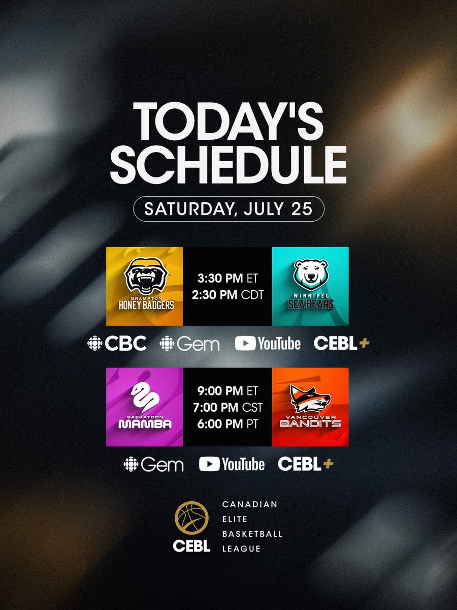 CEBLeague's tweet photo. A doubleheader you won’t want to miss 🍿🔥

🐝 Brampton @ Winnipeg
🐍 Saskatoon @ Vancouver

👉 Winnipeg can clinch a home playoff game with a win over Brampton or a Saskatoon loss to Vancouver. 

👉Vancouver can clinch a home playoff game with a win over Saskatoon tonight. 

📺 Stream every game live on CBC Gem, https://t.co/duemQi7nFX, YouTube and CEBL+