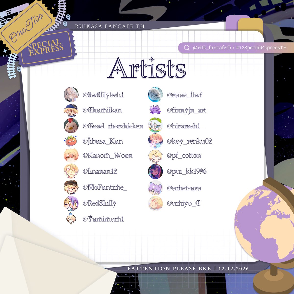 ritk_fancafeth's tweet photo. »𝐴𝑟𝑡𝑖𝑠𝑡 𝐴𝑛𝑛𝑜𝑢𝑛𝑐𝑒𝑚𝑒𝑛𝑡«

ประกาศรายชื่อนักวาดในขบวนรถไฟของเรา ขอขอบคุณนักวาดทุกท่านที่เข้ามาร่วมสร้างผลงานดี ๆ เลยนะคะ 

ช่องทางการติดตาม : สามารถพิมพ์ @ ตามด้วยชื่อได้เลยนะคะ

#12SpecialExpressTH https://t.co/wnF1SSboEi