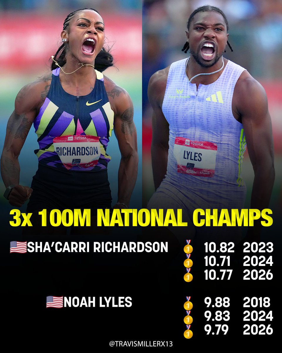 travismillerx13's tweet photo. Sha'Carri Richardson and Noah Lyles deliver in the 100m once again 🇺🇸🥇 #USATFOutdoors https://t.co/JedSf52kj0