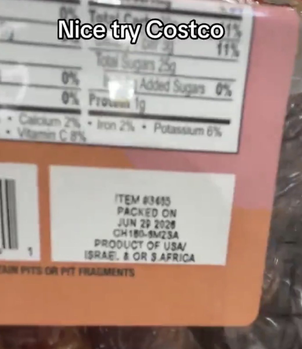 GenXGirl1994's tweet photo. Boycotting Israel products is so effective, the US Gov changed its “origin of product” rules to hide Israeli made products

Here, they list dates (a fruit) as a product of US/Israel or S. Africa. How the fuck are dates made in 3 separate places?😂 https://t.co/oUqfG7E67o