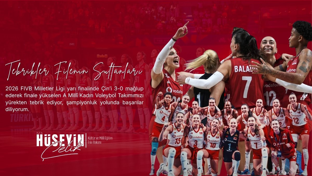 hc_huseyincelik's tweet photo. Filenin Sultanları finalde !🏆

2026 FIVB Milletler Ligi yarı finalinde Çin’i 3-0 mağlup ederek finale yükselen A Millî Kadın Voleybol Takımımızı yürekten tebrik ediyor, şampiyonluk yolunda başarılar diliyorum. 👏 🇹🇷 https://t.co/mMGAESmh1N