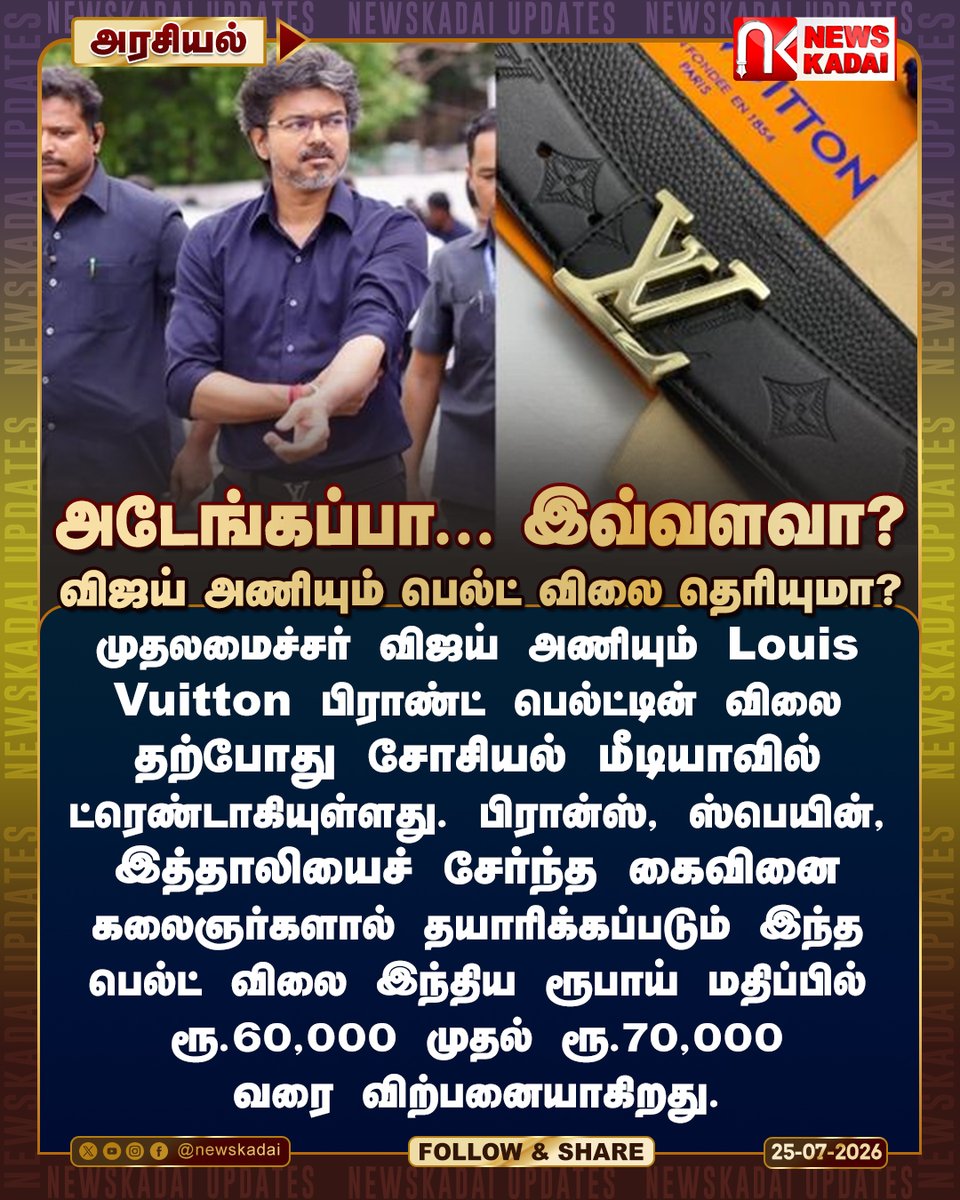 newskadai's tweet photo. அடேங்கப்பா... இவ்வளவா?
விஜய் அணியும் பெல்ட் விலை தெரியுமா?
முதலமைச்சர் விஜய் அணியும் Louis Vuitton பிராண்ட் பெல்ட்டின் விலை தற்போது..
#TVKVijay #TVKparty #tvk #TNGovt #CPIM #cpi #VCK #MMK #PMK #AIADMK #DMK https://t.co/PR0miZudns