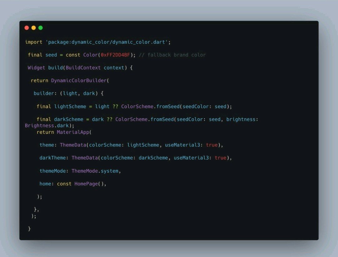 illetrateNerd's tweet photo. Make your Flutter app feel native instantly.
Implement Material 3 Dynamic Color for Android 12+ with effortless fallbacks across the board.

#Flutter #Developer https://t.co/IVEWpkfKnY
