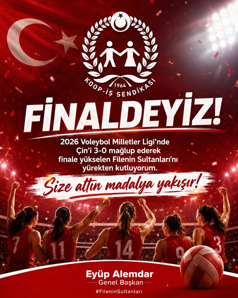 alemdareyup's tweet photo. FİLENİN SULTANLARI FİNALDE 🇹🇷
2026 Voleybol Milletler Ligi yarı finalinde Çin’i 3-0 mağlup ederek adını finale yazdıran A Millî Kadın Voleybol Takımımızı yürekten kutluyorum. 👏

Sergiledikleri üstün mücadele, azim ve inançla milletimize büyük bir gurur yaşatan #FileninSultanları, şimdi şampiyonluğa yalnızca bir adım uzakta!

Size final de, şampiyonluk da, altın madalya da çok yakışır! 🇹🇷🥇

Haydi Sultanlar, şimdi sıra kupada! 🏆