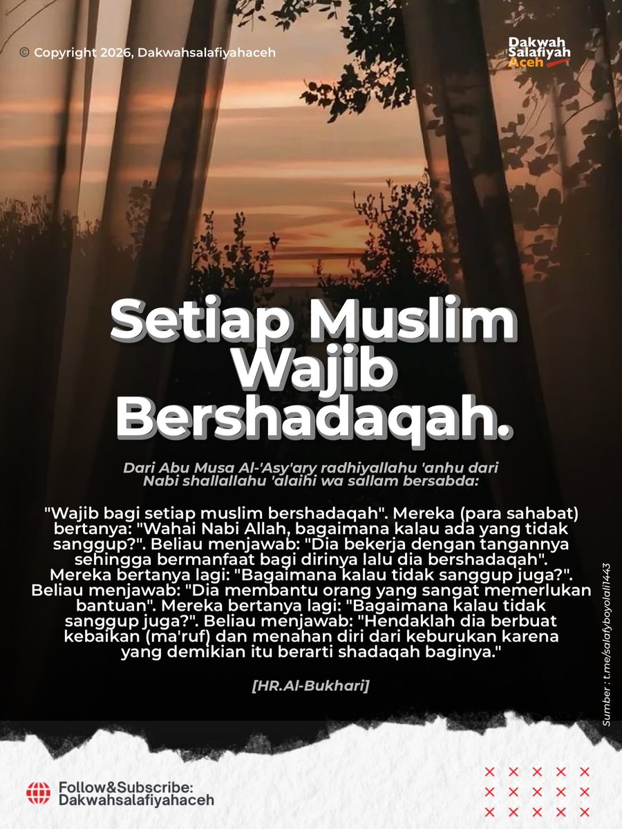 salafiyahaceh's tweet photo. SETIAP MUSLIM WAJIB BERSHADAQAH.

#hadits

JOIN &amp; SHARE : 

Telegram : https://t.co/bV00jePDkQ
Instagram : https://t.co/dx9nBhOI82
X : https://t.co/vtcDSdAFGT https://t.co/rpdSEVm4Hl