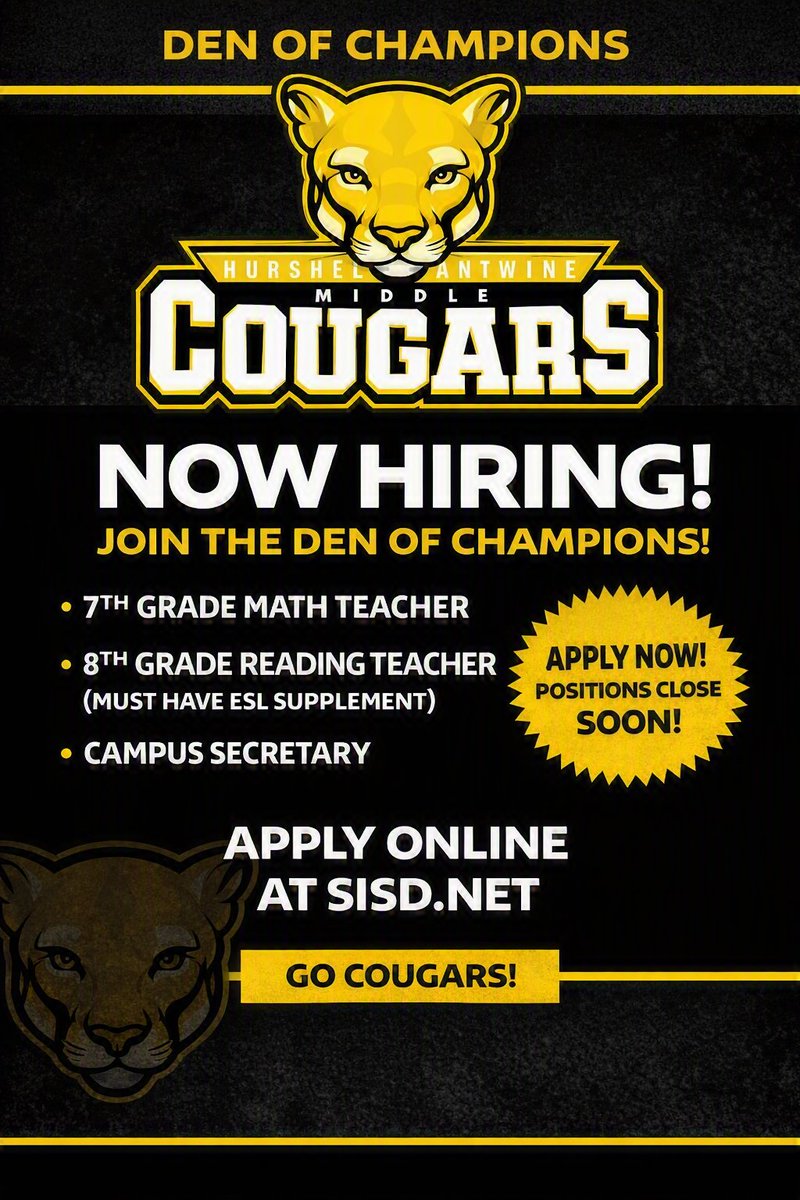 HAntwine_MS's tweet photo. We are looking for passionate educators and staff to join our Den and make a difference to our Cougars! 🖤💛🐾 https://t.co/3IGOyD4DO4