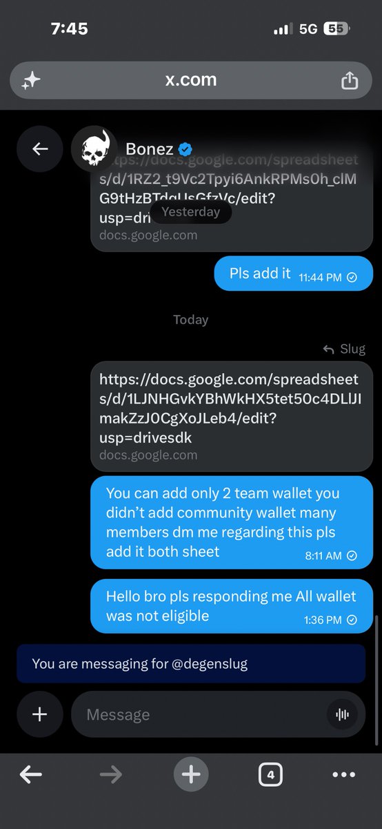 degenslug's tweet photo. They did not added my community wallet address also even i can send winner list 16 july they didn’t respond and today they reply added 
Community members check wallet all are not eligible only 2 team wallet was eligible @BonezNFT even they didn’t reply me tag 10 times comment they didn’t any respond
