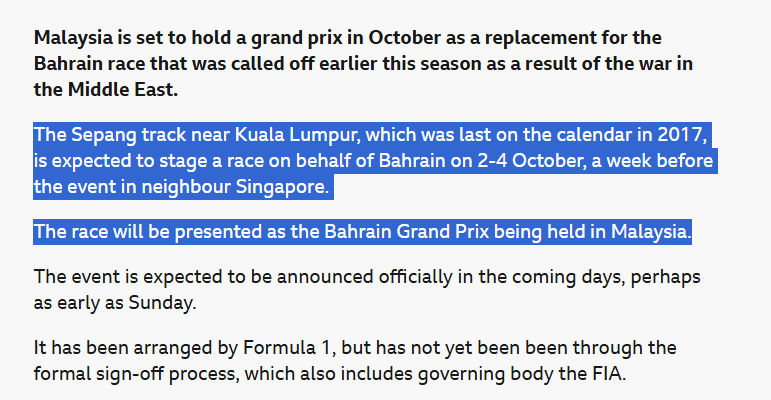 f1speed_indo's tweet photo. Meskipun diadakan di Sepang, Malaysia, balapannya sendiri digelar atas nama "Bahrain Grand Prix", sesuai dengan kontrak yang tertulis pada ronde yang diganti.

Besok akan diumumkan secara resmi. https://t.co/0hz4fVUr2A
