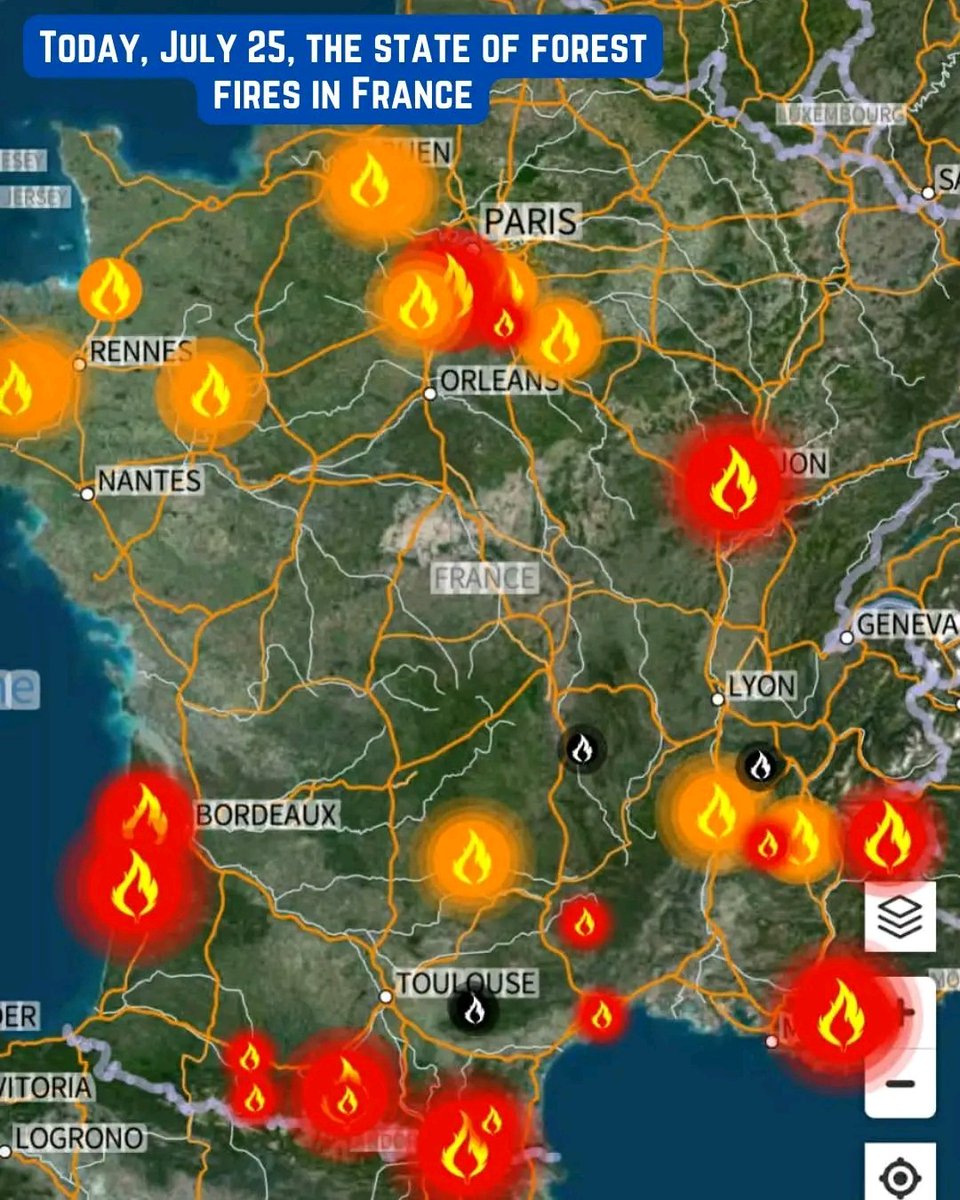 francesafetytra's tweet photo. Today, July 25, the state of forest fires in France. https://t.co/0MebVqBo0k
