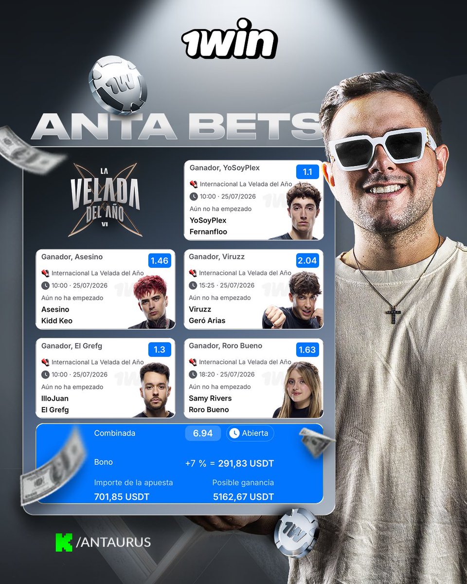 AntaurusTV's tweet photo. Hoy es La Velada del Año y estas son mis predicciones: gana Plex, gana Lit Killah, gana Viruzz, gana Grefg y gana Roro.

Déjame tu id y podrás ganar hasta 500 USD si gano mi betslip
https://t.co/rlcG7L7qy1 https://t.co/Xewvv2f6BX