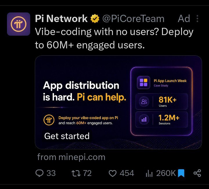 amr_nannaware's tweet photo. 🚨 PIONEERS — Has anyone else noticed this? 🤔👀

In nearly 7 years, I don't remember seeing the Pi Core Team actively promote ads like this.

Today, I came across an ad focused on Vibe Coding. 🚀

To me, it feels like the project may be entering a new phase where much of the foundation is already in place, and the focus is shifting toward bringing more developers into the ecosystem.

Just my opinion, but I have a feeling the coming week could get very interesting. 💜🔥