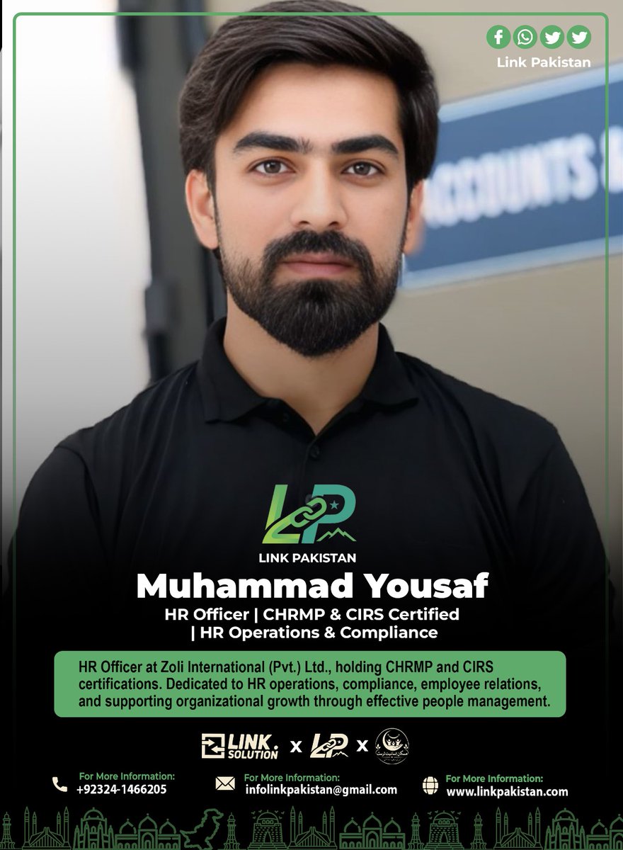 linkpakistan14's tweet photo. Muhammad Yousaf, HR Officer at Zoli International (Pvt.) Ltd., holding CHRMP and CIRS certifications.
#Muhammadyousaf #HRofficer #ZoliInternational
#CHRMP #CIRS #Certications #twitterupdates #twittertrends #Linkpakistan https://t.co/zWrct23iLB