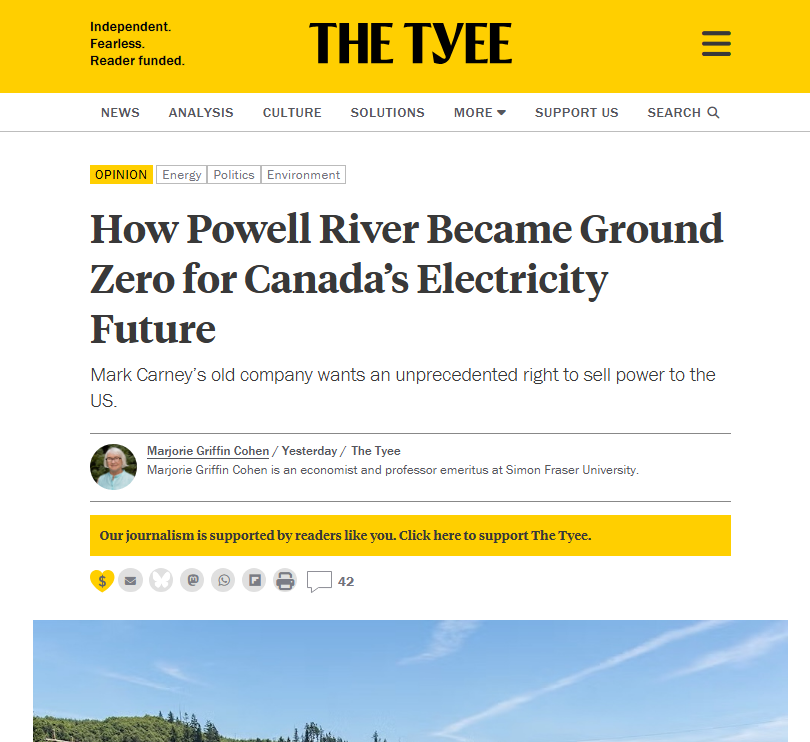 cbcwatcher's tweet photo. "The Brookfield case currently before the Canada Energy Regulator merits far more public attention than it has received. It is an application by Powell River Energy Inc., a Brookfield Renewable Partners subsidiary located in Powell River, B.C., to export power to another Brookfield subsidiary in the United States, BR Pacific Hydro Power."