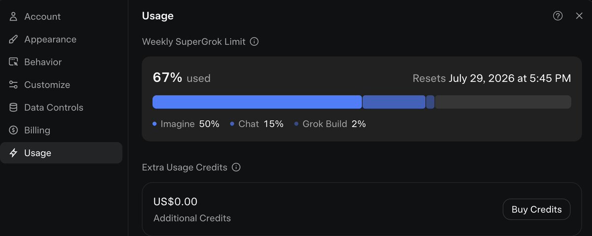 ar__go's tweet photo. Absolutely stoked. 🤯

 @imagine/ @grok  is the GOAT when it comes to AI video generation.

Spent the whole day generating atleast 20+ videos each 5-10 sec and the usage went from 25% to 50%. 

That is seriously impressive. 🔥 https://t.co/ahR9976Oa4
