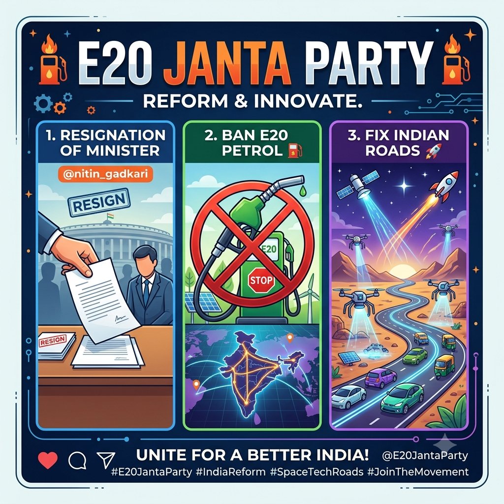 E20jantaparty's tweet photo. E20 JANTA PARTY' ⛽⛽

1 RESIGNATION OF  @nitin_gadkari

2 BAN E20 PETROL ⛽

3 FIX ALL OVER INDIAN RAOD USING SPACE TECH 🚀🚀#e20 #ethonal #cockroachjantaparty  @CJP_for_India https://t.co/3nkbpRQnKK