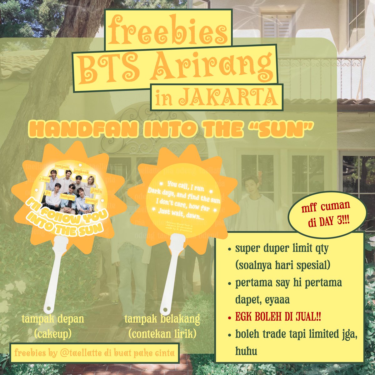 taellatte's tweet photo. — reveal freebies bts arirang in jakarta by @ taellatte — 🌻✨

🗓️: 29 Desember (day 3)
📍: GBK Area

• sangat gemas
• ymma (yg mau-mau aja)
• open jalur ordal >> trade freebies 😹
• limited edition, bts aj egk kedapetan https://t.co/OwuWck9WYO