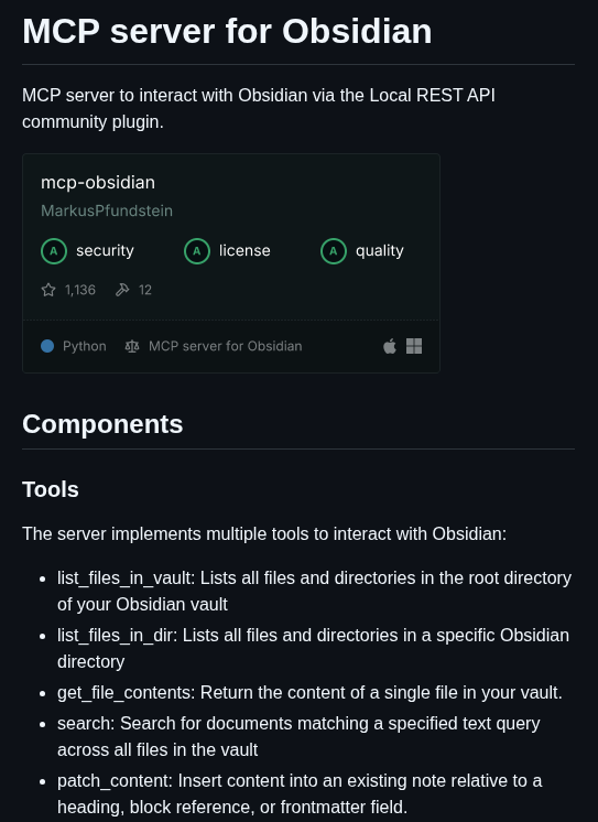 DanKornas's tweet photo. Your Obsidian notes are more useful when an AI client can retrieve and update them without manual copy-paste.

mcp-obsidian is an MCP server for connecting an MCP client to an Obsidian vault through the Local REST API community plugin.

It helps you work with vault content from tools such as Claude Desktop by exposing focused operations for reading, searching, editing, and organizing notes.

Key features:
• Vault navigation – list files and directories at the vault root or inside a specific directory.
• Note retrieval – read the contents of a single file from your vault.
• Full-vault search – find documents matching a specified text query across vault files.
• Targeted editing – insert content relative to a heading, block reference, or frontmatter field.
• File updates – append content to new or existing files, or delete a file or directory.

It’s open-source (MIT license).

Link in the reply 👇