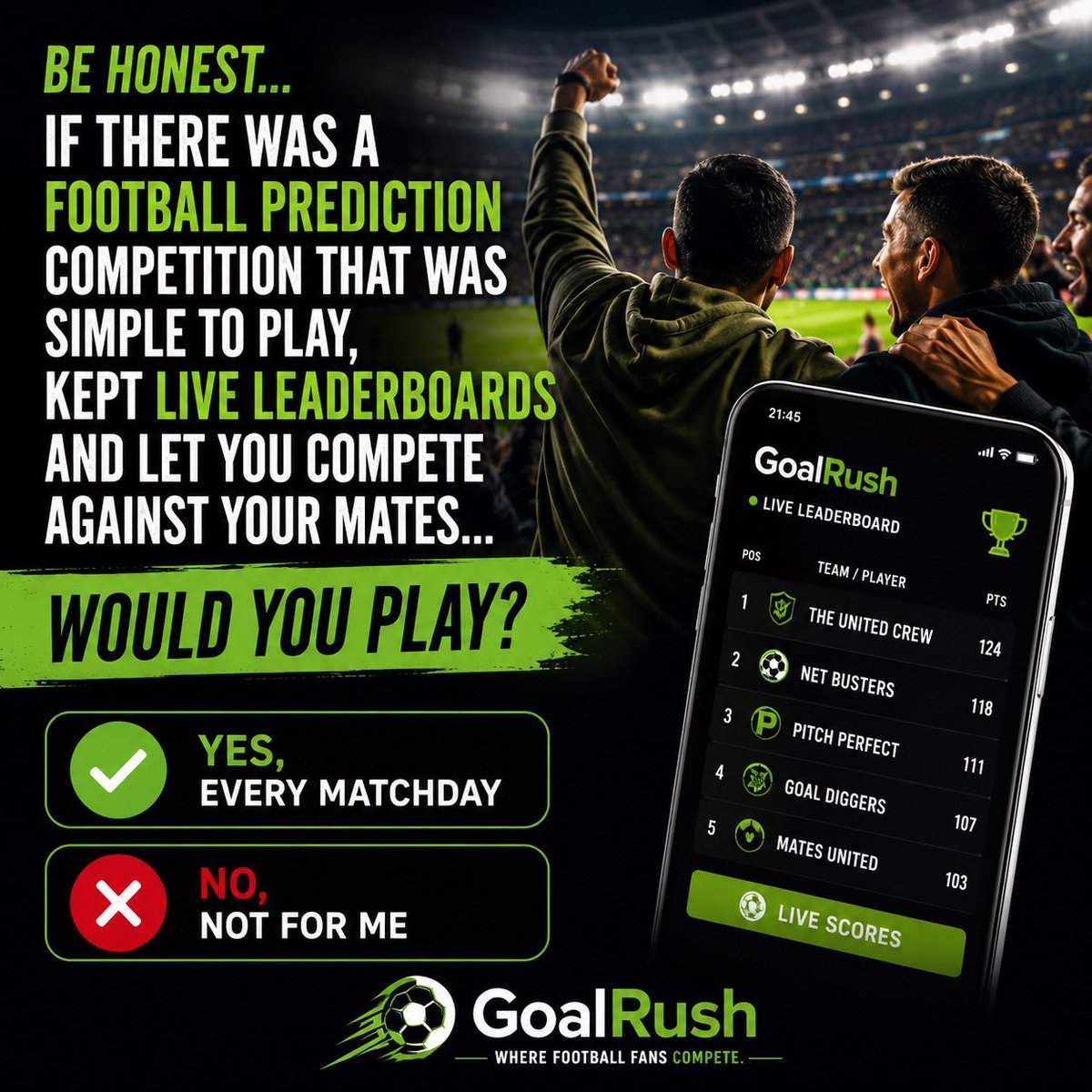 PlayGoalRush's tweet photo. Football is better together.

That’s why we’re building GoalRush around communities—not individuals.

Who would you invite into your prediction league?

#FootballCommunity #FootballFans #GoalRush @premierleague https://t.co/Om8uvnVt8w