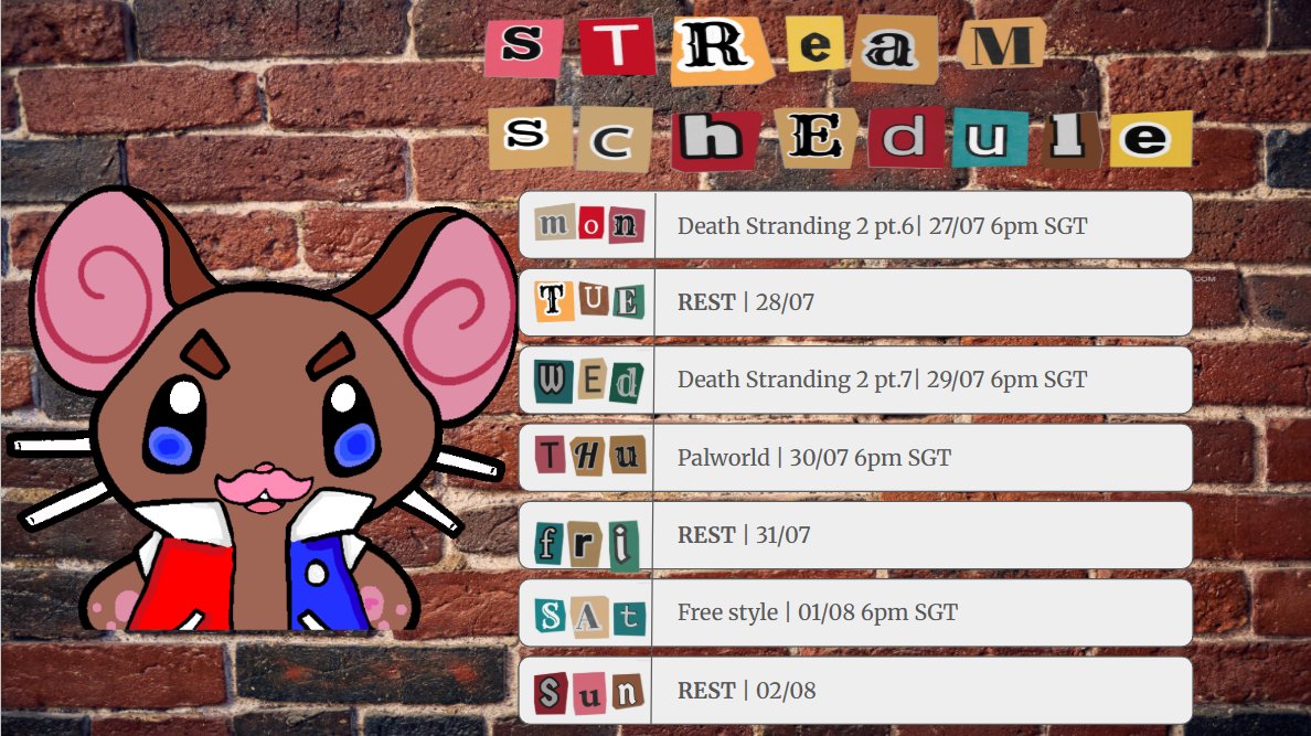 general_mousy's tweet photo. Strim schedule is out!

Back with more Death stranding as per usual and more palworld. Need to finish that 2nd base. https://t.co/RMHwu5Ugpu