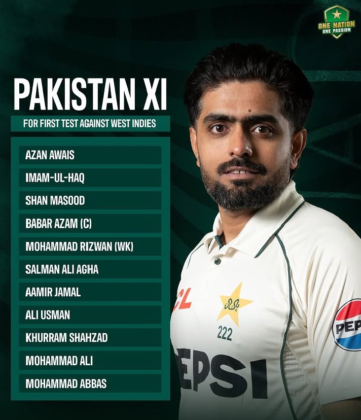 pctcore's tweet photo. PAKISTAN XI FOR FIRST TEST AGAINST WEST INDIES !! 

#pakistancricket #cricket #pakvswi #pct #pcb #babarazam #trending https://t.co/ny5HP7njVB