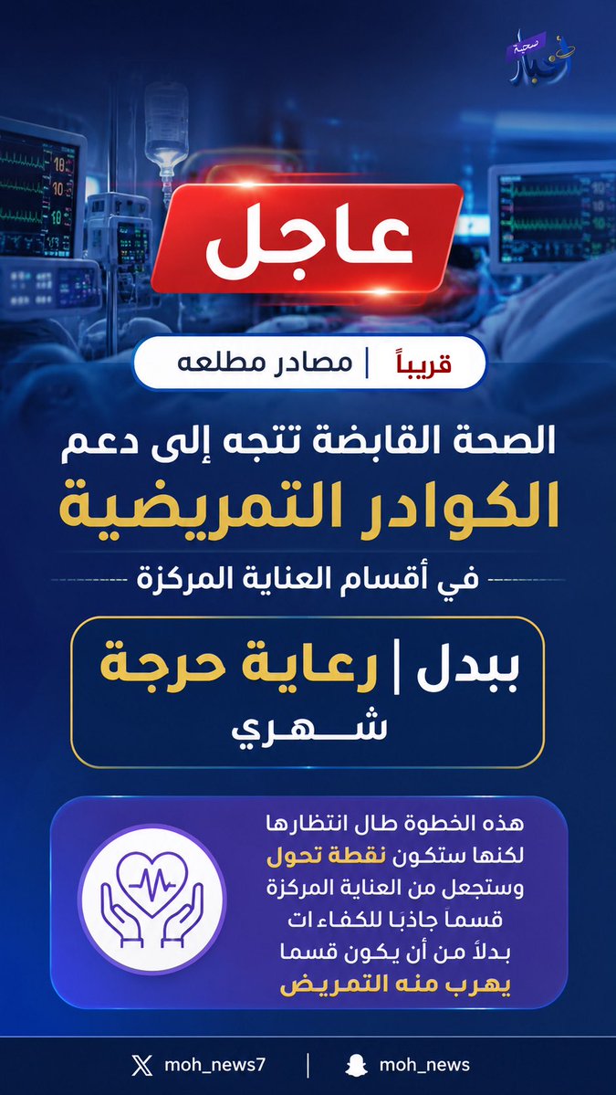 moh_news7's tweet photo. #عاجل 🚨
—————

قريبًا | مصادر مطلعة 

#الصحة_القابضة  تتجه إلى دعم الكوادر التمريضية في أقسام العناية المركزة 
ببدل | رعاية حرجة شهري💯

خطوة نحو بيئة جاذبة 📍 https://t.co/hUY0RLhFiF