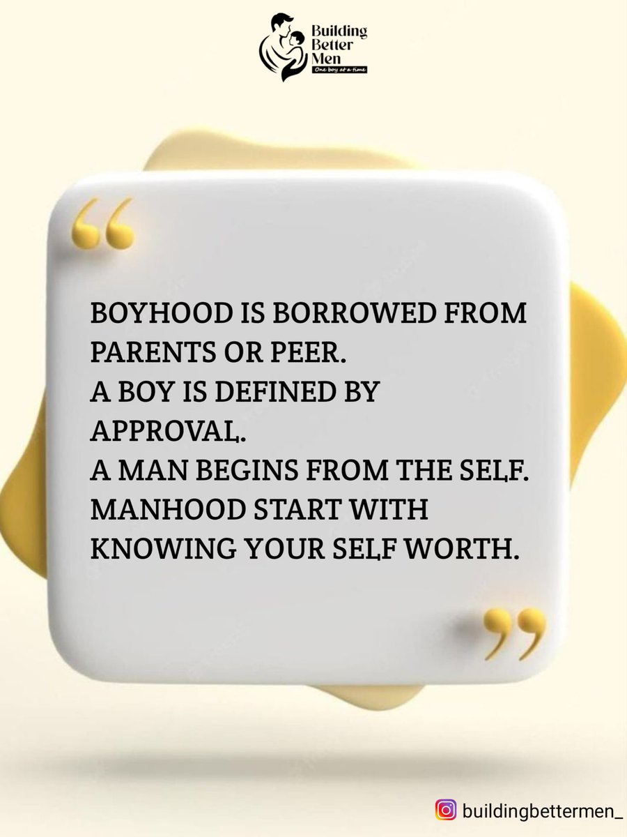 BBettermen06's tweet photo. Boyhood is often influenced by the voices around us.Manhood begins when we develop the courage to listen to our own conscience instead. A man who knows his worth doesn’t need constant validation.He is guided by responsibility,and purpose. Becoming a better man starts from within. https://t.co/0v1xC32WkR