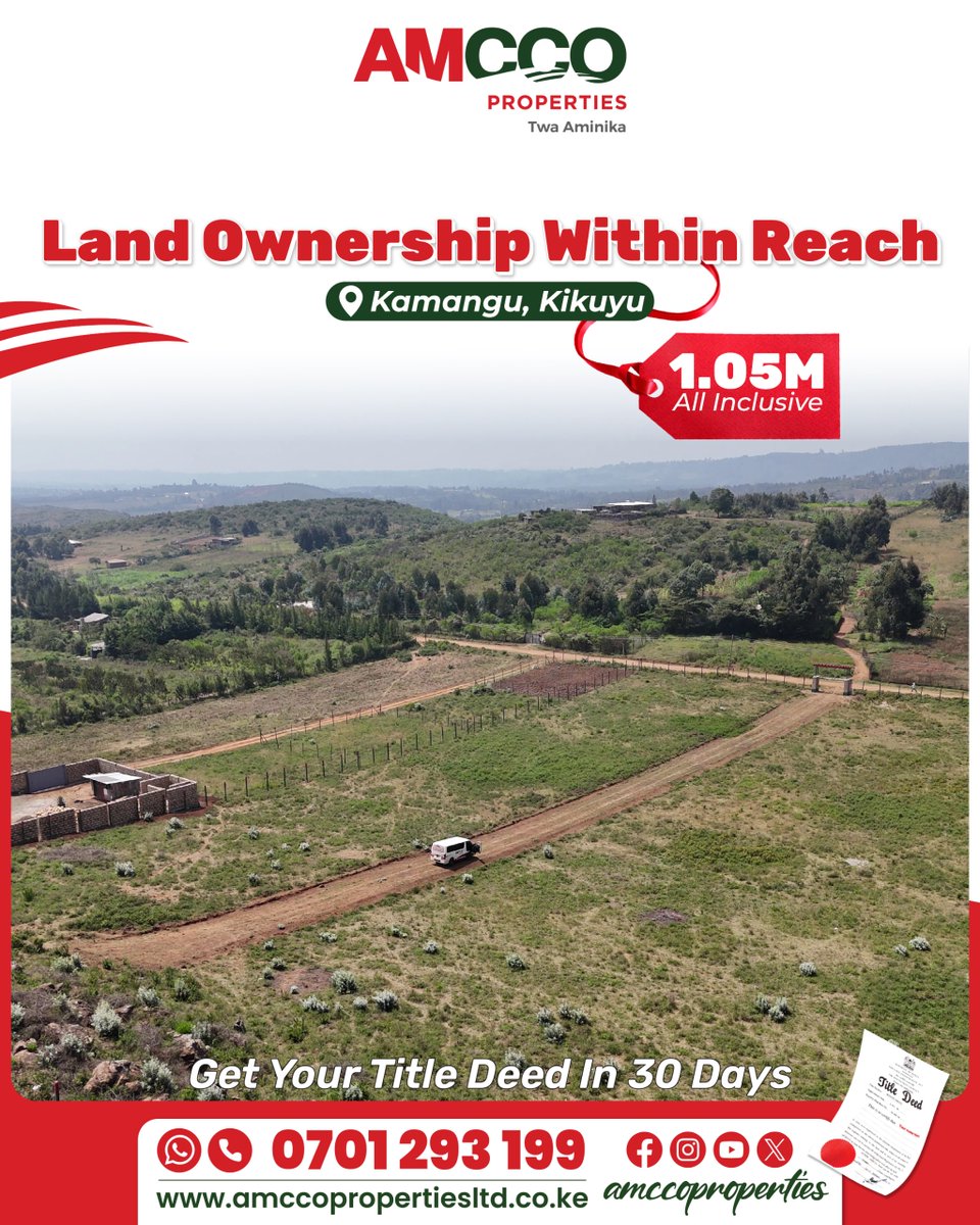 AmccoProperties's tweet photo. Looking for the perfect place to build your dream home? Own a 50×100 ft plot at Faraja Gardens, Kamangu for KSh 1.05M all-inclusive. Enjoy ready-to-build plots, water and electricity on site, and title deeds processed within 30 days after full payment.

Call or WhatsApp 0701 293 199 and secure your plot today.

#plotsforsale #investinland #amccoproperties