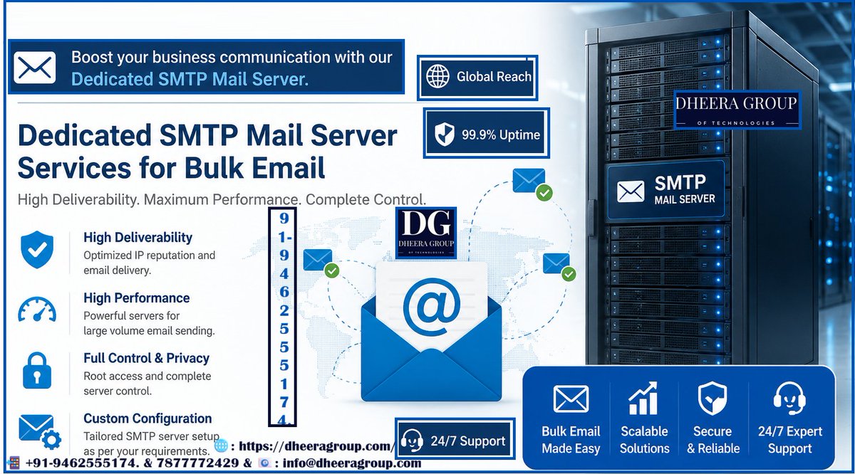 dheera_group's tweet photo. Explore our dedicated SMTP services and start sending smarter today! Get In Touch: 📲 +91-9462555174. &amp; 7877772429 🌐: https://t.co/5GZMTQT27A 📧: info@dheeragroup.com https://t.co/10EI9qbfWg