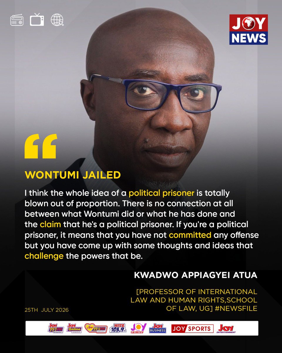 Joy997FM's tweet photo. I think the whole idea of a political prisoner is totally blown out of proportion. There is no connection at all between what Wontumi did or what he has done and the claim that he's a political prisoner. If you're a political prisoner, it means that you have not committed any offense but you have come up with some thoughts and ideas that challenge the powers that be - Kwadwo Appiagyei [Professor of International Law and Human Rights, School of Law, UG] #Newsfile