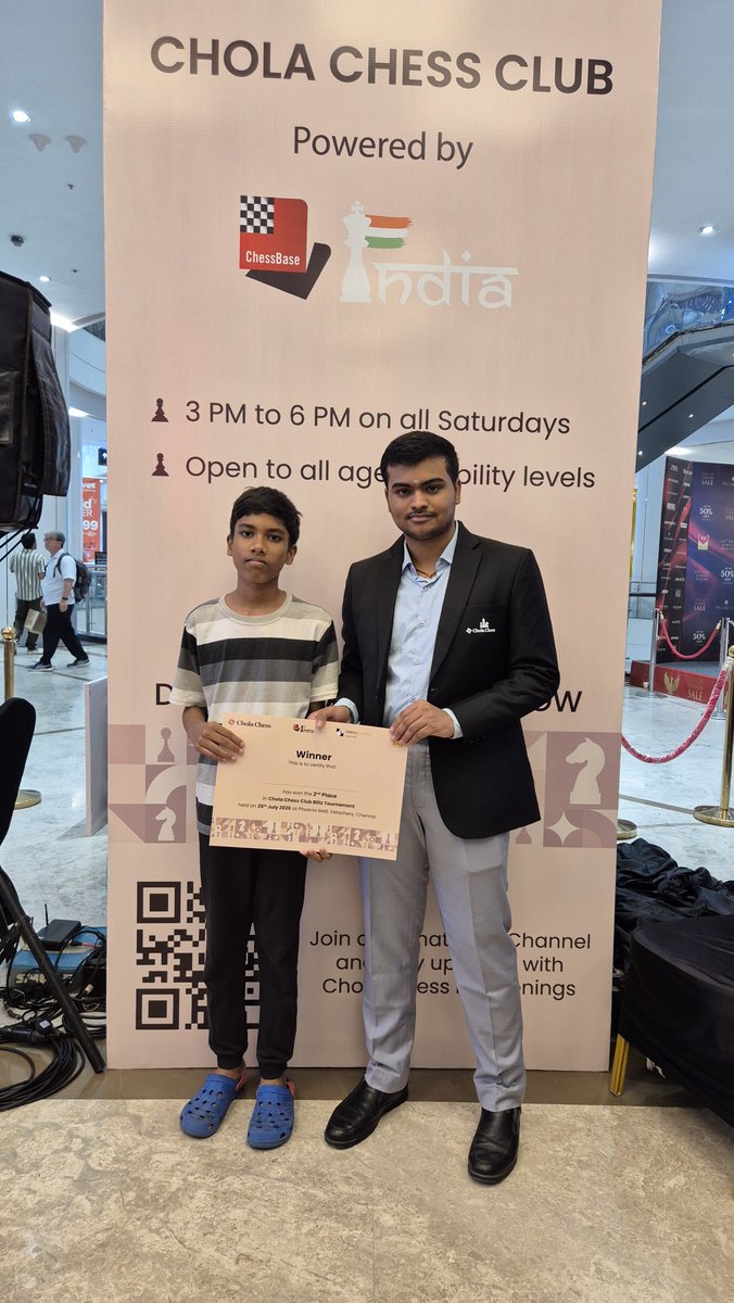 CholaChess's tweet photo. Congratulations to our winners – Jayanth Venkatesh, Siddharth Pernati, and Mahat Maheswaran for their outstanding performances and well-deserved victories at the Chola Chess Club Tournament, organised by Chola Chess in association with @chessbaseindia at @phoenixmarketcitychennai.

We were delighted to have GM Pranesh M, one of our Chola Chess players, present the prizes and celebrate the winners, making the occasion even more special.

Our sincere appreciation to Chief Arbiter @yh._.wh Genita Gladys for ensuring every round was conducted smoothly, fairly, and with the utmost professionalism.

From intense battles on the board to moments of celebration, the tournament showcased skill, focus, determination, and true sporting spirit.

Congratulations once again to every participant for making the tournament a memorable one.

#CholaChess #ChessCommunity #ChessTournament #BlitzChess #ChessChampions #MindSport #ChessLife #GameOfStrategy #ChessBaseIndia #PhoenixMarketcityChennai #CholaChessClub