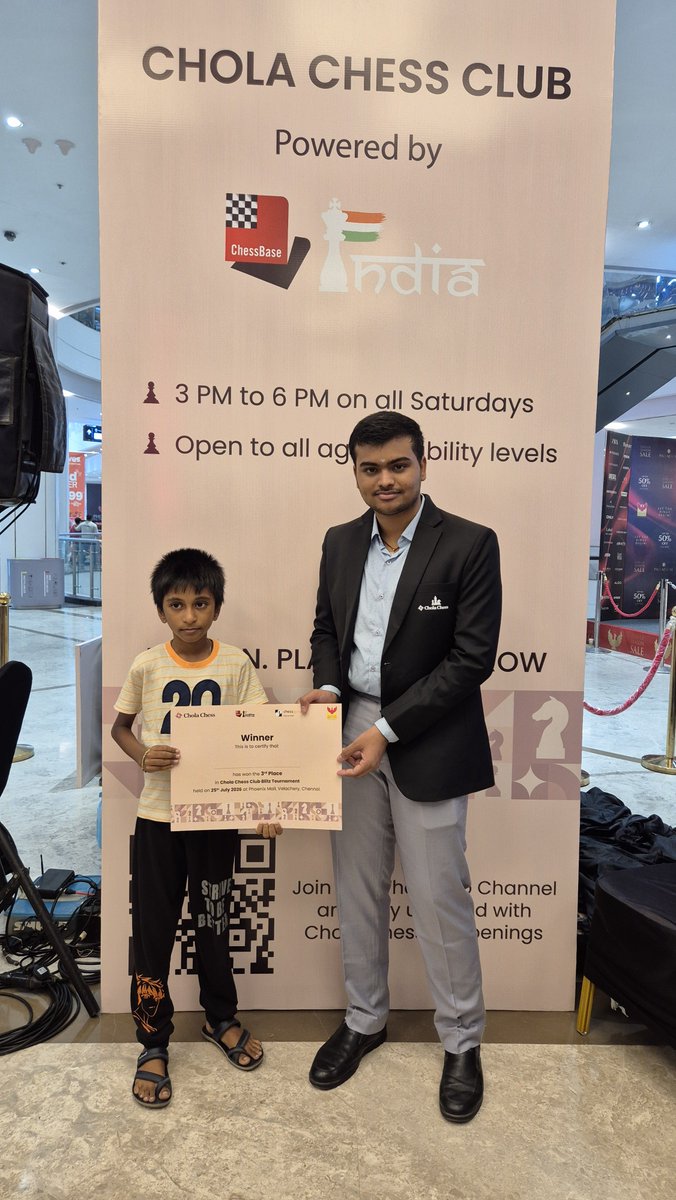 CholaChess's tweet photo. Congratulations to our winners – Jayanth Venkatesh, Siddharth Pernati, and Mahat Maheswaran for their outstanding performances and well-deserved victories at the Chola Chess Club Tournament, organised by Chola Chess in association with @chessbaseindia at @phoenixmarketcitychennai.

We were delighted to have GM Pranesh M, one of our Chola Chess players, present the prizes and celebrate the winners, making the occasion even more special.

Our sincere appreciation to Chief Arbiter @yh._.wh Genita Gladys for ensuring every round was conducted smoothly, fairly, and with the utmost professionalism.

From intense battles on the board to moments of celebration, the tournament showcased skill, focus, determination, and true sporting spirit.

Congratulations once again to every participant for making the tournament a memorable one.

#CholaChess #ChessCommunity #ChessTournament #BlitzChess #ChessChampions #MindSport #ChessLife #GameOfStrategy #ChessBaseIndia #PhoenixMarketcityChennai #CholaChessClub